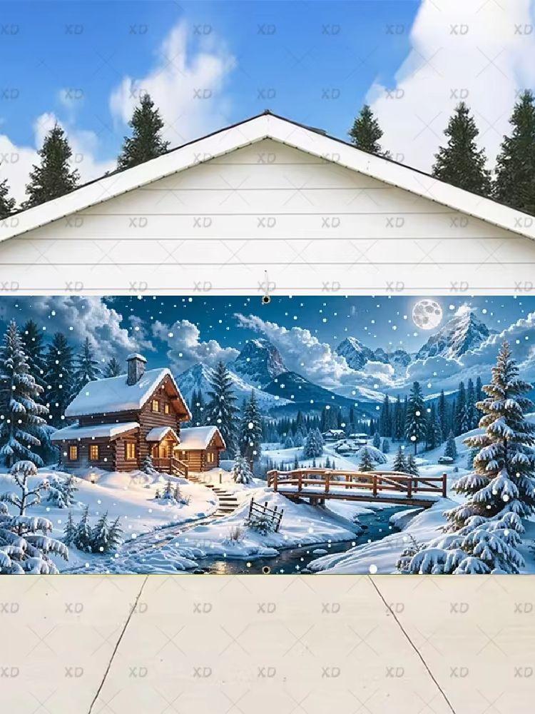 Classic Christmas backdrop for a large garage door, New Year's party backdrop, winter scene, decorative banner4719