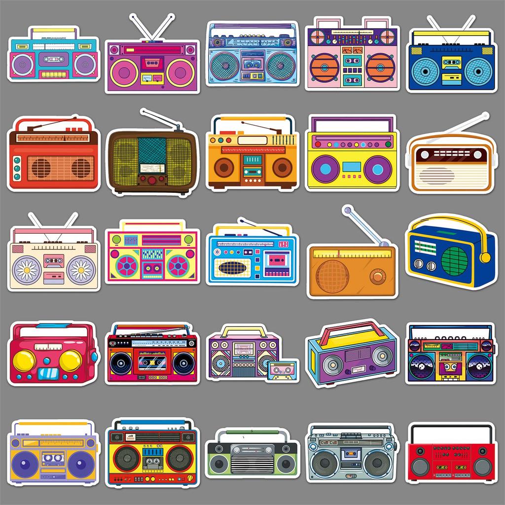 50 Retro Radio Stickers: Colorful Cartoon Graffiti, Waterproof for Decorative Journaling, Storage Box