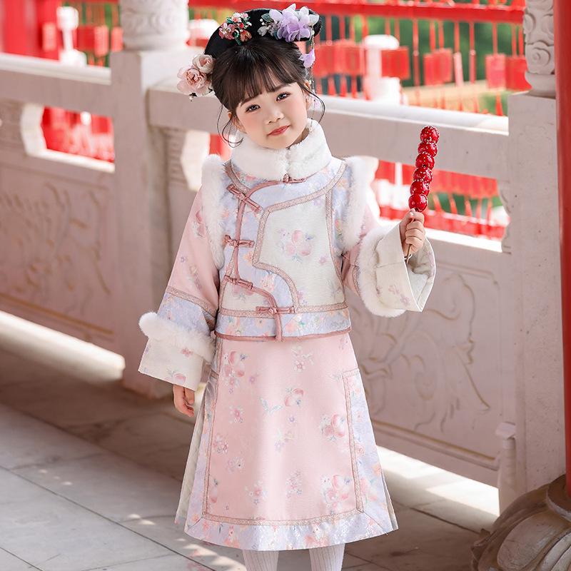 Pink Qing Dynasty Gege Costume for Girls: Autumn/Winter Thickened Baby Hanfu, Chinese Style Tang Suit, Manchu Ethnic Clothing.