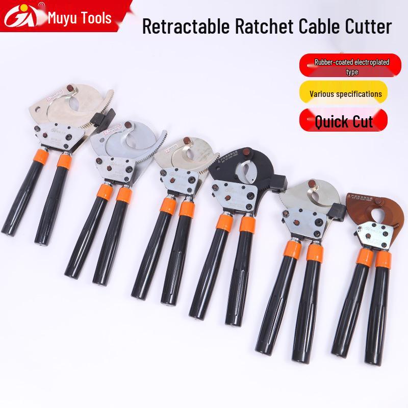 Rubberized Retractable Ratchet Cable Cutter - Gear-Type Wire Scissors