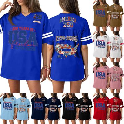 T-shirt Sport Haut Casual Mode Femme Col en V Impression Jour de l'Indépendance Manches Courtes