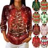 Women's Casual Button Front 3/4 Sleeve Christmas Print Collared Blouse Top for Holiday