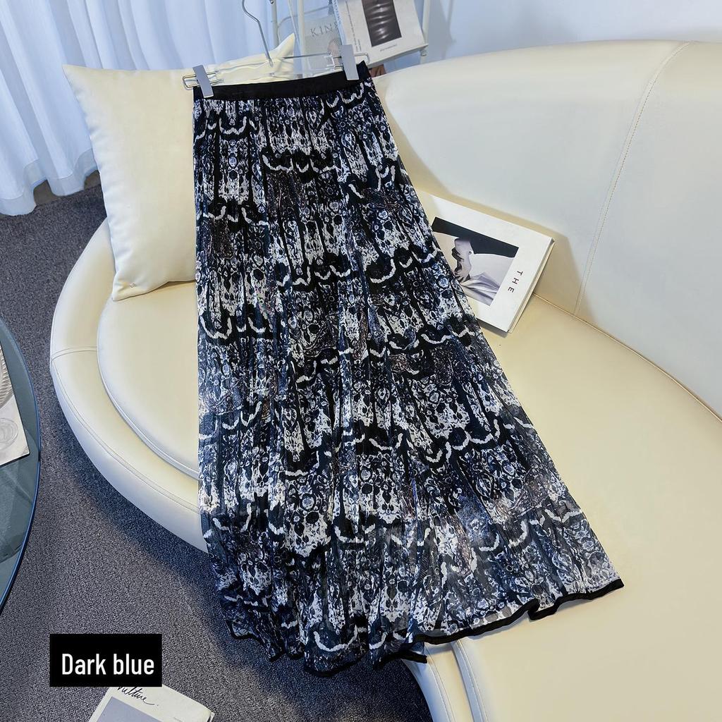 Women's High-Waist Slimming Retro Ethnic Mesh Pleated Skirt - 2026 Spring Collection