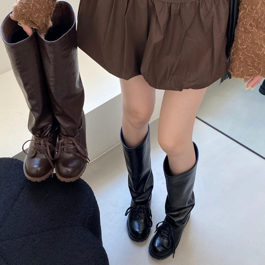 Ballet Style Retro Western Stacking Boots Women's 2025 New Two-wear Pleated Straps Medium Boots Giant Soft Boots