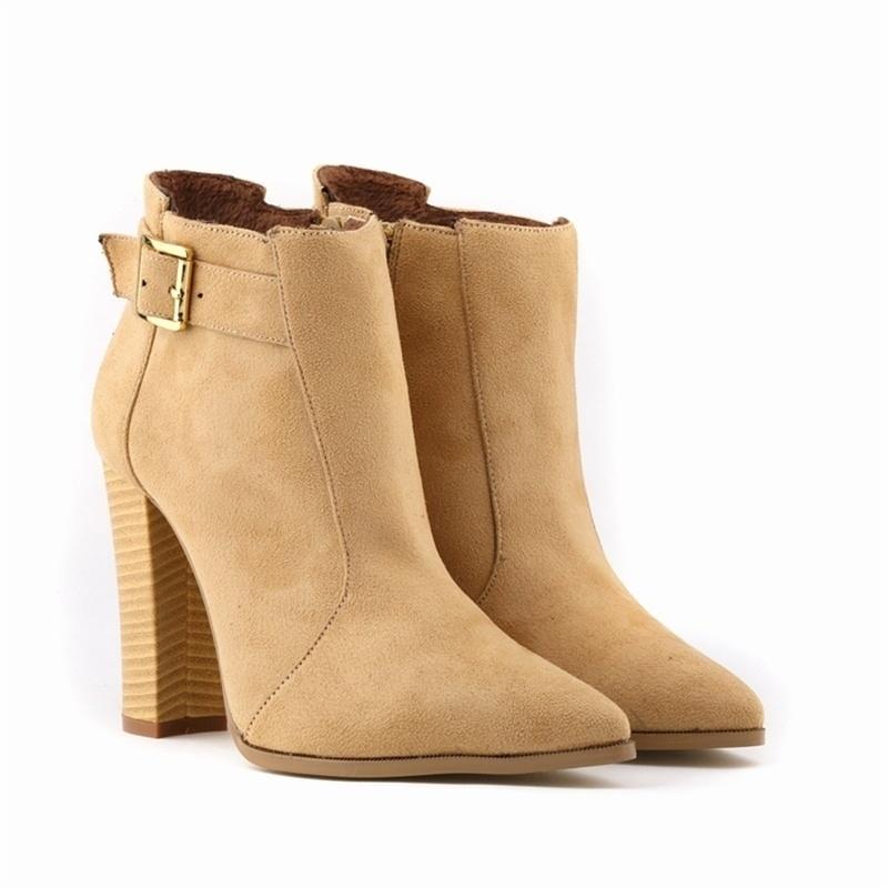 Women Ankle Boots Fashion Winter Boots Flock Thick Heels Shoes High Heels Zippers Pointed Toe Ladies Elegant Ankle Boot Big Size