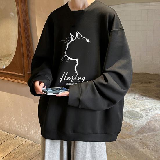 Pánská oversized mikina Hip-hop styl kočka Profil Potisk O Výstřih Volný Jednobarevný Silný plyš Pulovr střední délky Denní Sport Streetwear Top