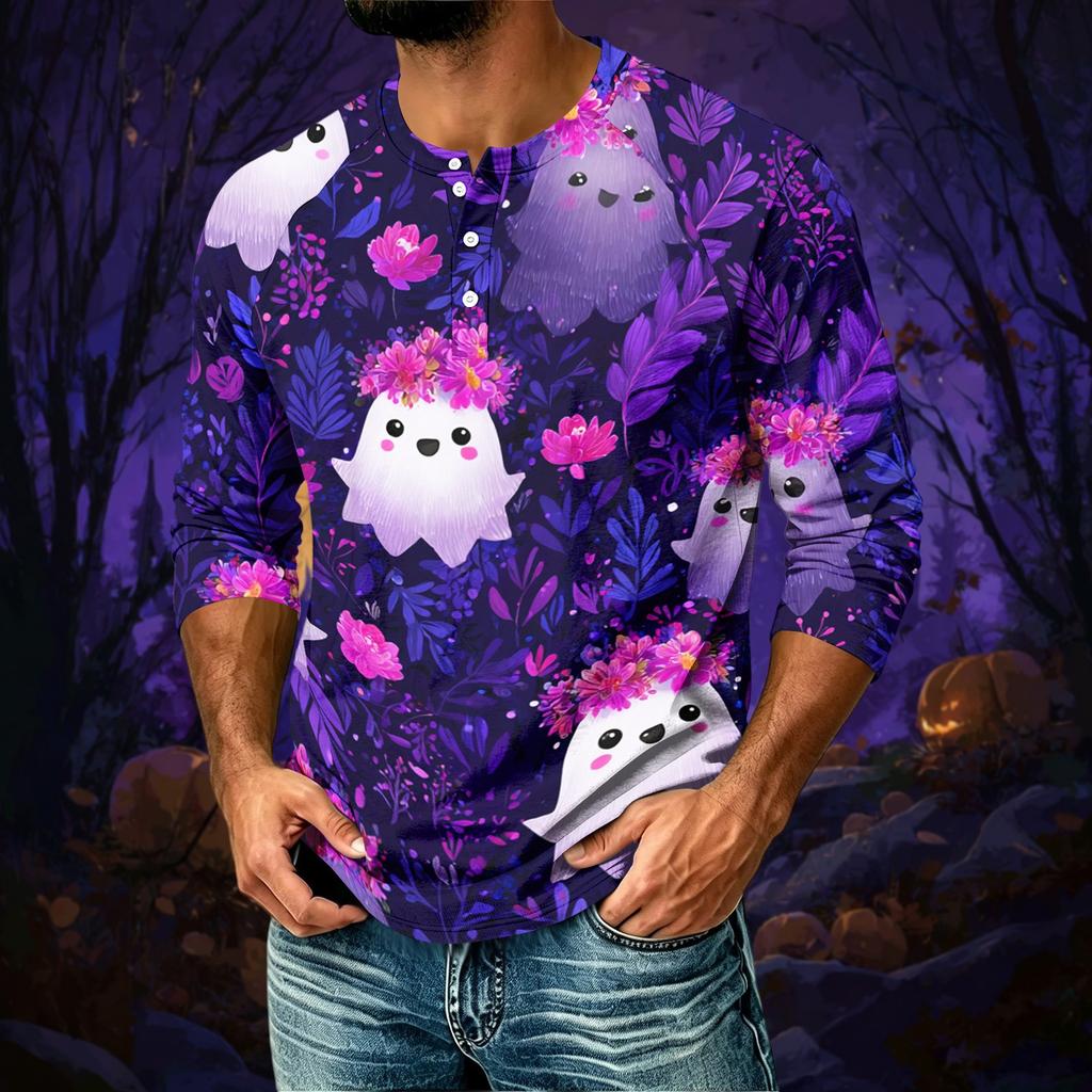 Men's Casual Halloween Print Raglan Three-Quarter Sleeve Shirt