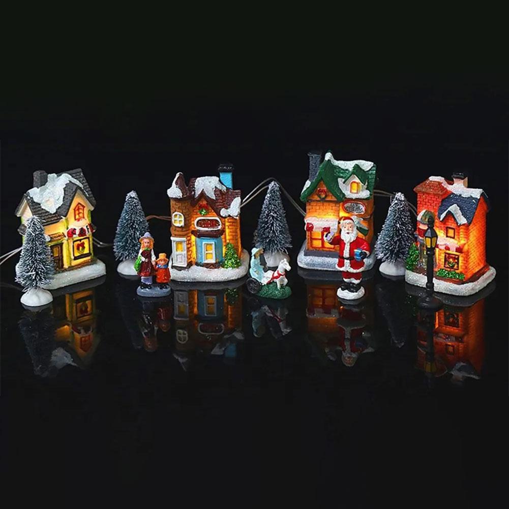 12 Pcs Mini Resin Christmas Village Houses Set with LED Lights for Festive Home Decor and Gift Giving