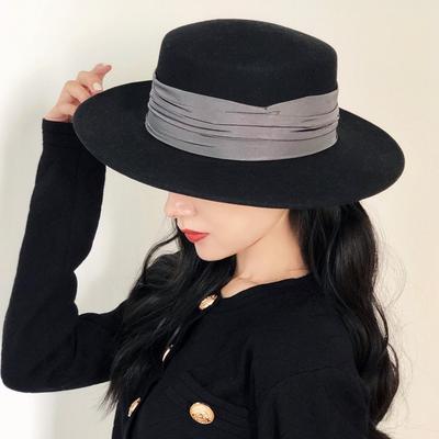 French Elegant Retro Black Woolen Flat Top Top Hat Women'S Autumn And Winter British Retro Versatile Wide Brim Felt Foreign Trade