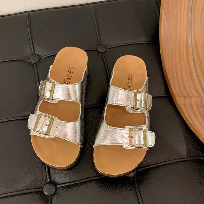 

Ретро повседневные шлепанцы с пряжкой на один палец, женские летние, новая модная литературная пробка, с открытым носком, сандалии Boken 40 серебряный