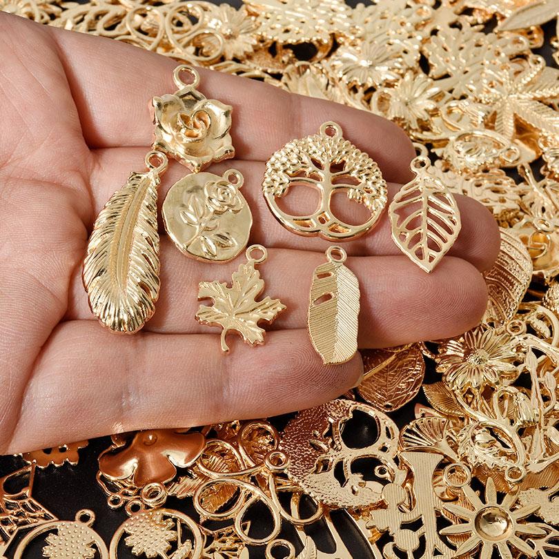 Light Gold Color Plant Series Random Mix 10/20/30/50pcs Ginkgo Tree Maple Leaves Flower Charms For Jewelry Making Bulk Pendants