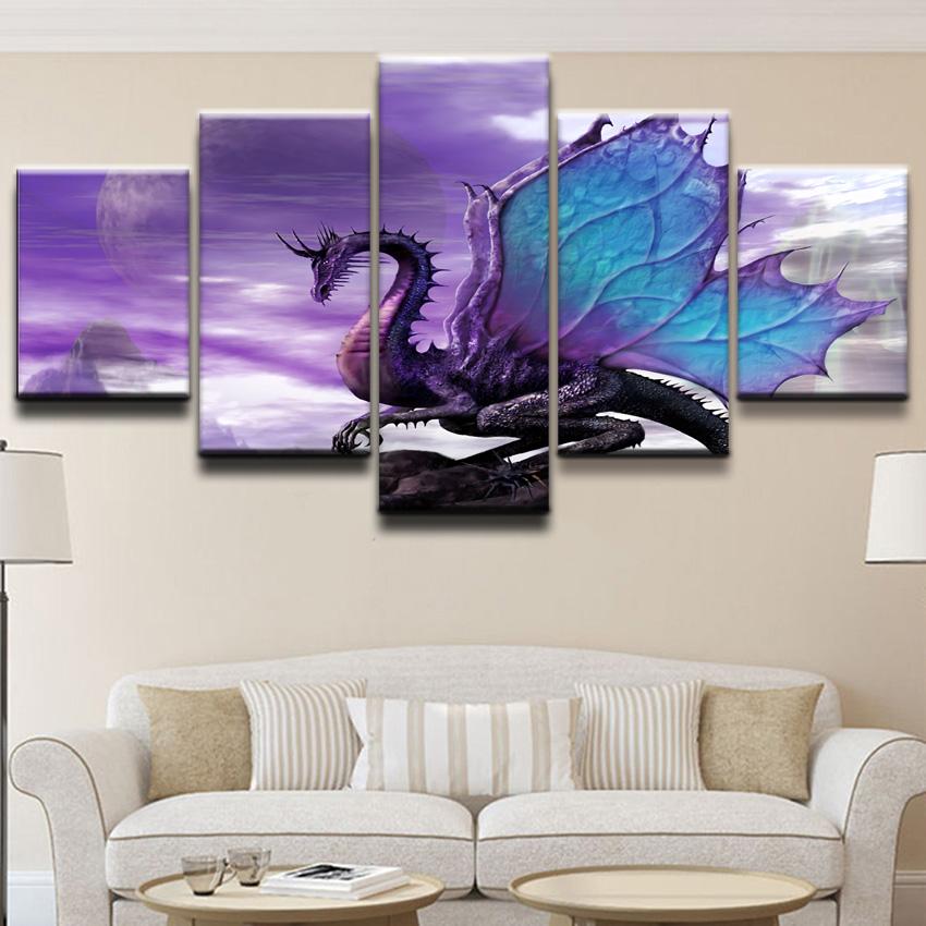 Canvas Painting Wall Art Home Decor HD Prints Framework 5 Pieces Dragon Fantasy Purple Pictures Modern Decor Bedroom Poster No Frame
