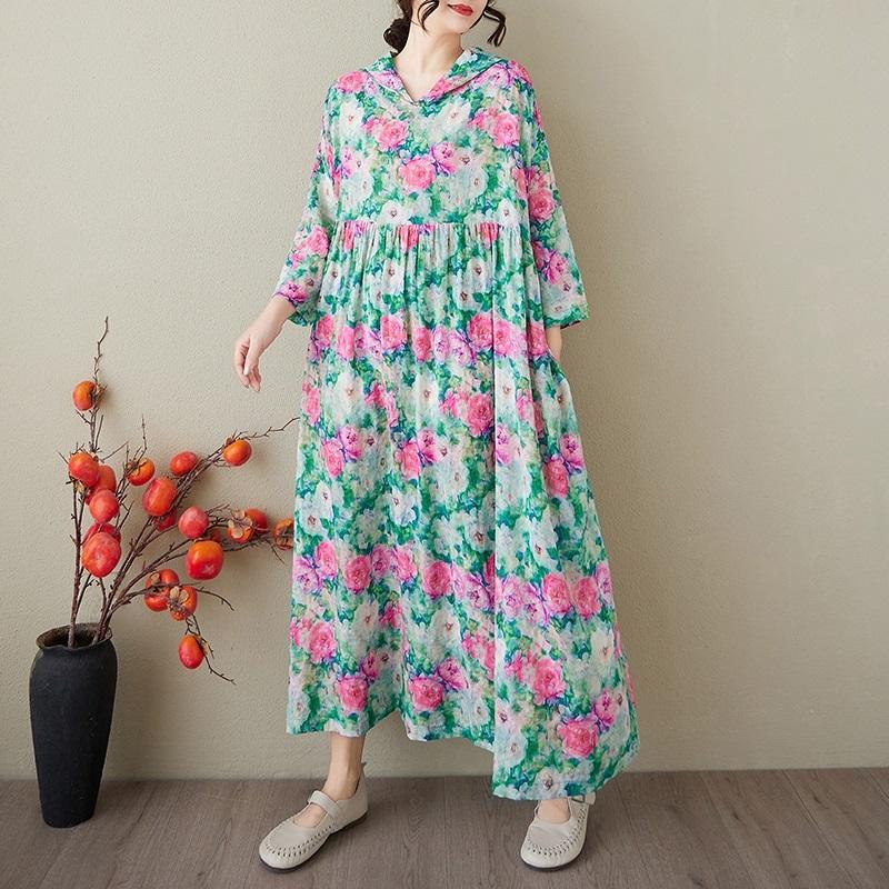 Übergröße Baumwolle Kapuze Vintage floral neu in Kleider für Frauen lässig locker lang Frühling Sommerkleid