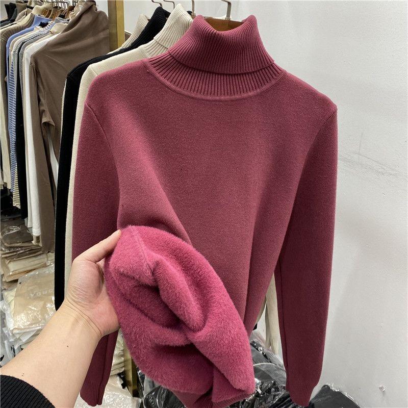 Autumn Winter Turtleneck Fleece Women Sweater Thick Warm Top Bottoming Shirt Inner Pullover Casual Simple Knitted Sweaters Loose Basic Simple Clothing
