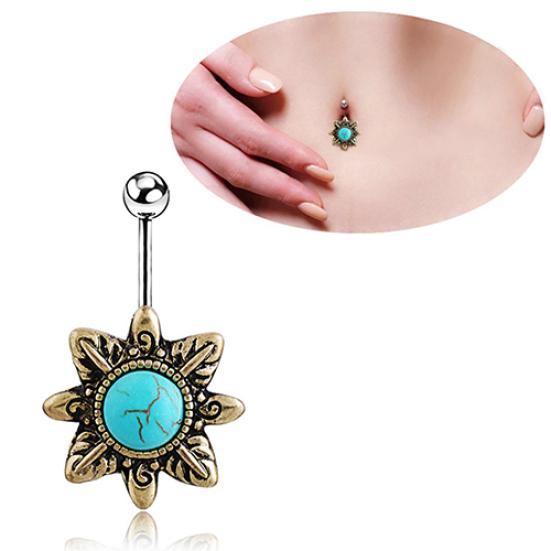 Retro Sunflower Turquoise Belly Button Navel Bar Ring Body Piercing Barbell Gift