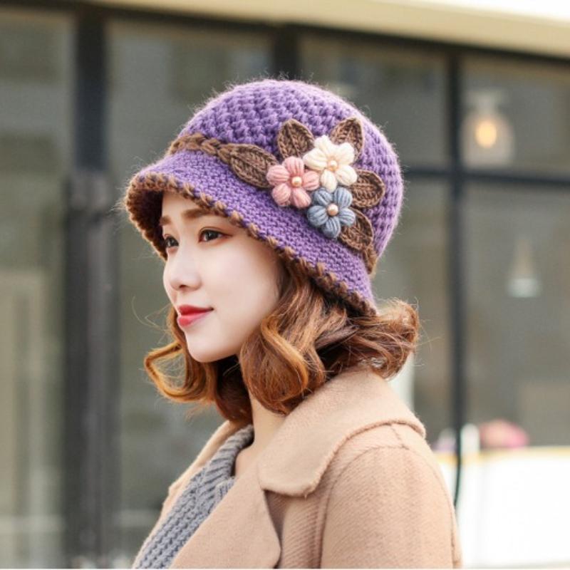 Women's Handmade Crochet Bucket Hat with Floral Embellishments Lightweight Warm Winter Hat Floral Crochet Hat
