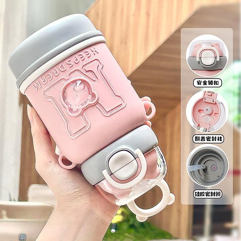 480ml Cute Bear 304 Stainless Steel Kids Thermos Bottle, Kawaii Vacuum Water Cup with Straw and Strap for School
