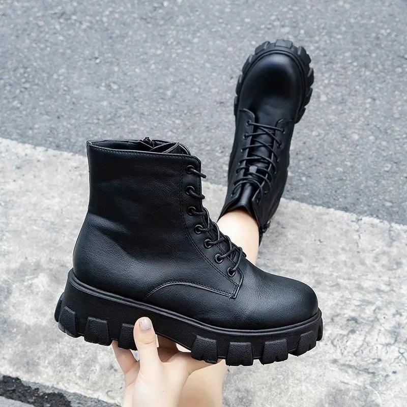 Fashion PU Leather Women's Boots 2025 Autumn New Shoes Women Fashion Lace Up Ankle Boots Female Chunky Heels Platform Motorcycle Botas