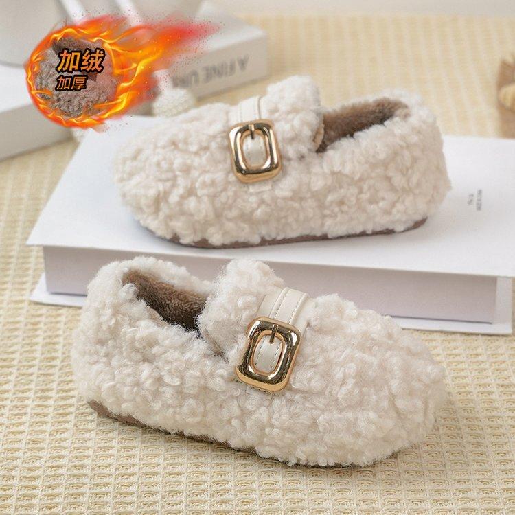 Girls' cotton shoes, new winter children's shoes, princess loafers, soft-soled, double-layer cotton, plush baby shoes