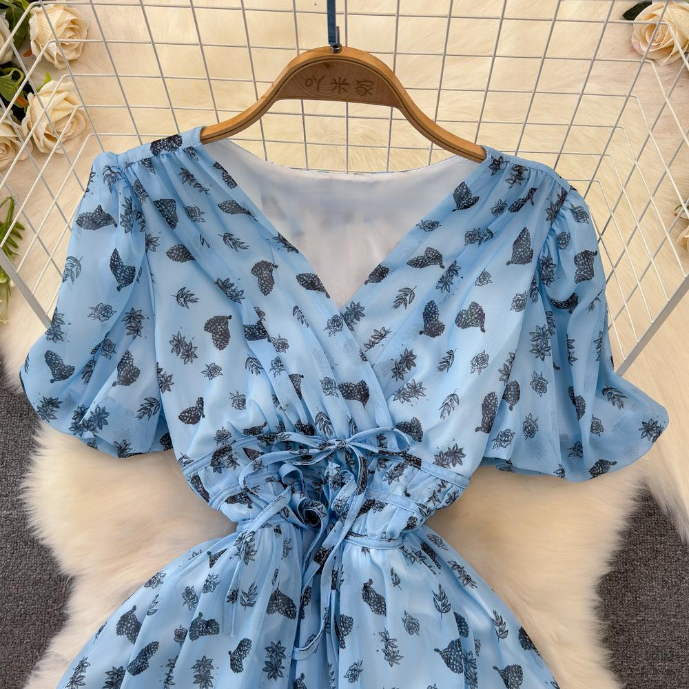 Fashion Dress for Women V Neck A-line Flounced Edge Printing Chiffon Vestidos Lace-up Folds Lining Dresses Summer