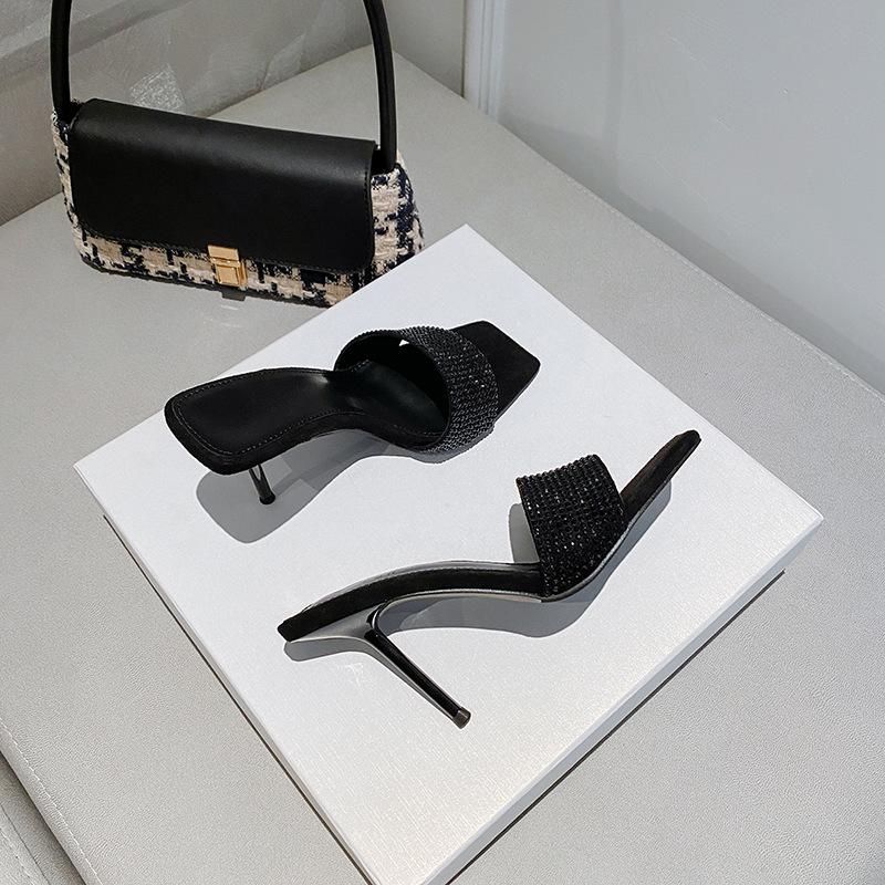 

Square-headed rhinestone open-toed stiletto sandals 2025 summer new fashionable versatile sexy Roman high-heeled sandals women 40