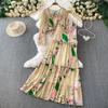 Large Size Maple Leaf Print Chiffon Long-sleeved Sunscreen Cardigan Jacket Set Loose and Thin Ruffle Edge Suspender Dress