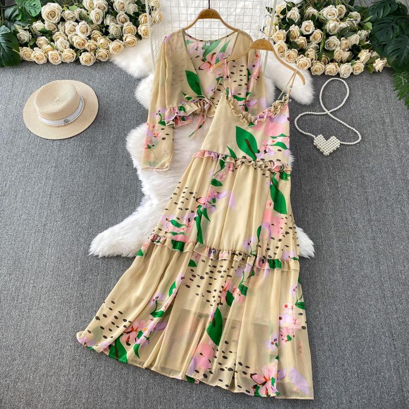 Large Size Maple Leaf Print Chiffon Long-sleeved Sunscreen Cardigan Jacket Set Loose and Thin Ruffle Edge Suspender Dress