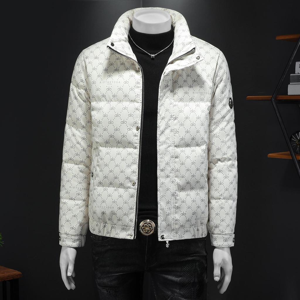 European Men's Stand Collar Winter Down Jacket - Slim Fit, Warm, Trendy Print, High-End Casual Style