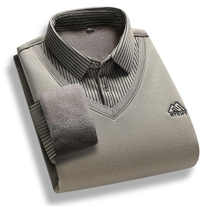 Men's Fleece Lined Sweater Polo Collar Pullover Tops Fashion Business Causal Pullovers Korean Slim Fit Thick Winter Clothes
