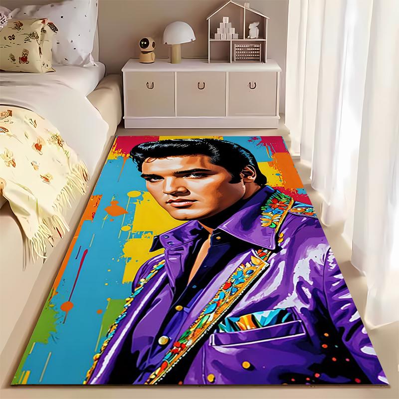 Music Legend Area Rug, Elvis Presley King Pop Art Purple Jacket Colorful Splash Print, Music Fan Room Decor, Non-Slip Mat