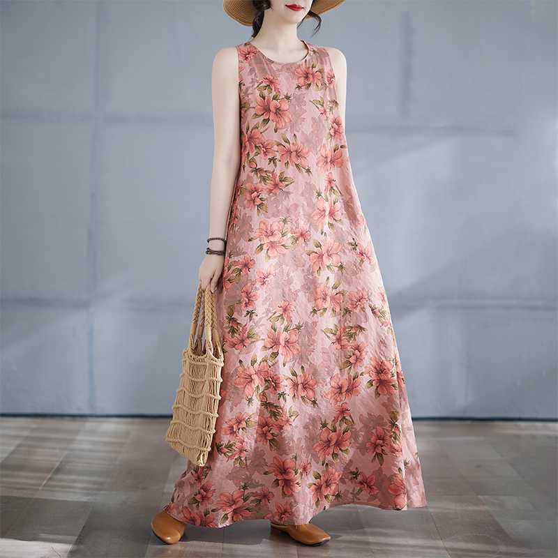 

Women s Long Skirt Summer New Round Neck Printed Dress 2XL