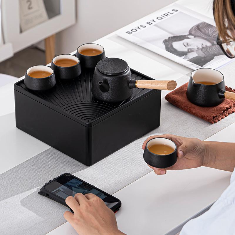 Black Ceramic Side Handle Teapot Travel Car Luxury Portable Cup Outdoor Storage Box Kung Fu Tea Set