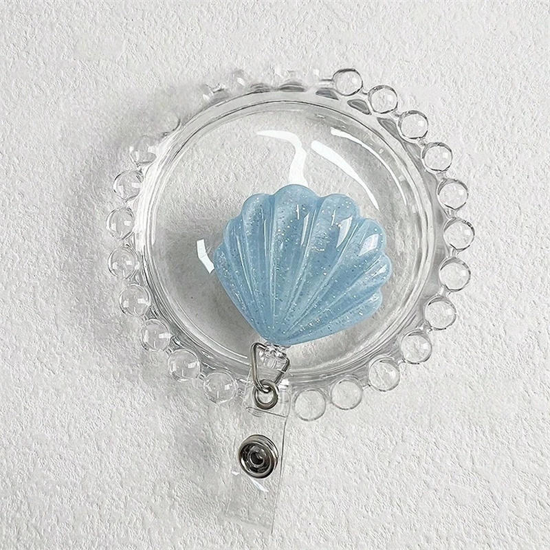 Glitter Seashell Badge Reel Retractable ID Card Badge Holder Name Tag Work Alligator Clip for Teachers Office Staff Nurses