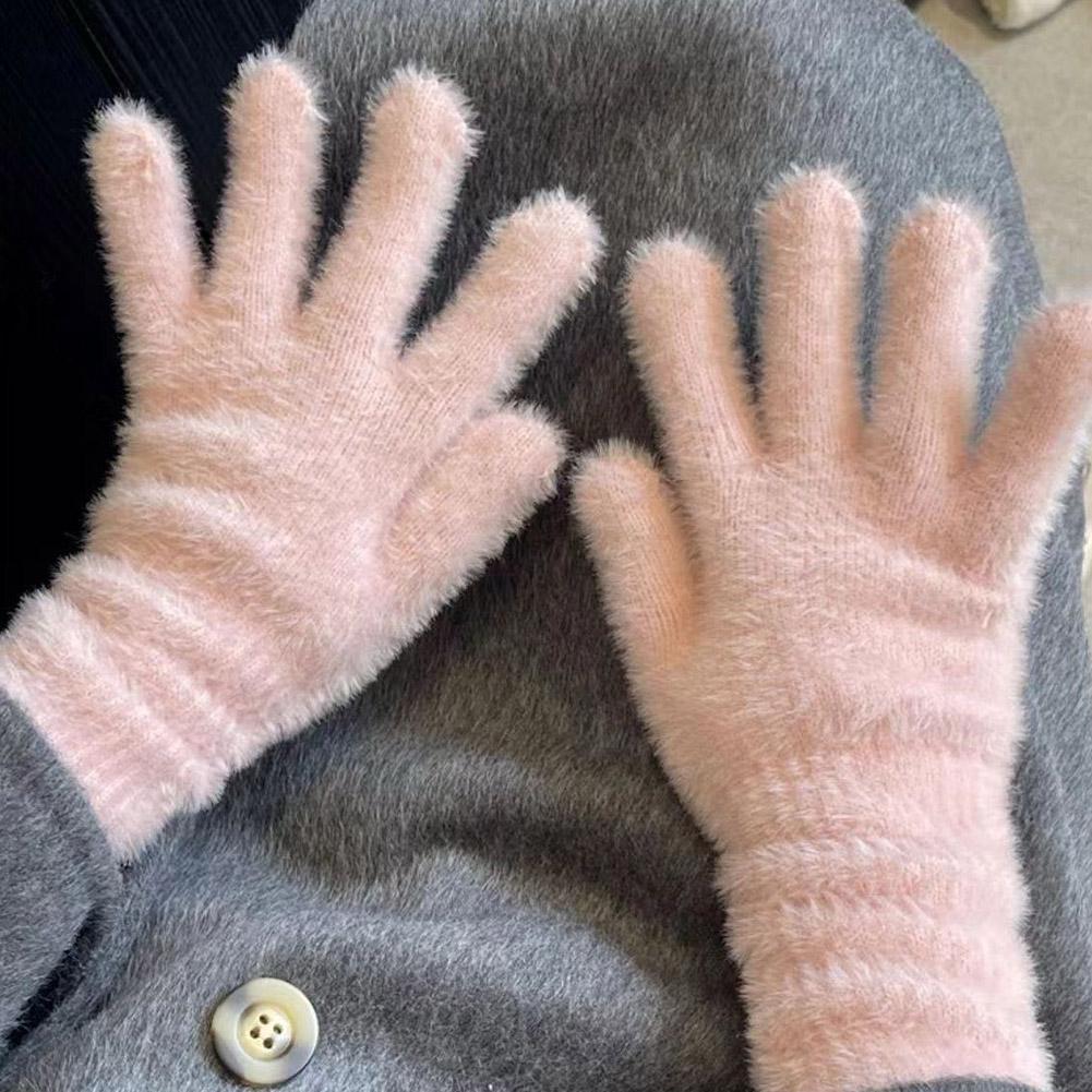 2025 Fashion Winter Velvet Five Finger Gloves Plush Warm Cold-proof Gloves Women Outdoors Cycling Solid Color Wistiti Mittens