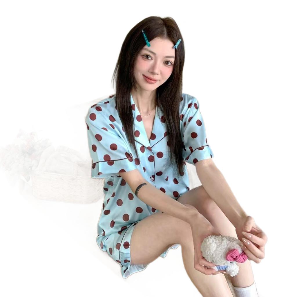 Spring and summer ice silk high-end polka dot pajamas women's loungewear can be worn outside light luxury wind breathable cute wind fresh lapel