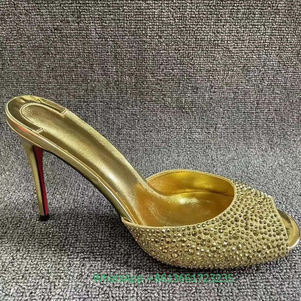 

Fashion Crystal Bling Bling Women Slippers Slip-On Peep Toe Stiletto Heel Shiny Sandals Summer Fashion Party Rhinestone Sexy Slides 34