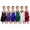 Kids Girls Ice Skating Performance One-Piece: Sleeveless Patchwork Sparkling Dress with Built-In Briefs & Matching Fingerless Gloves