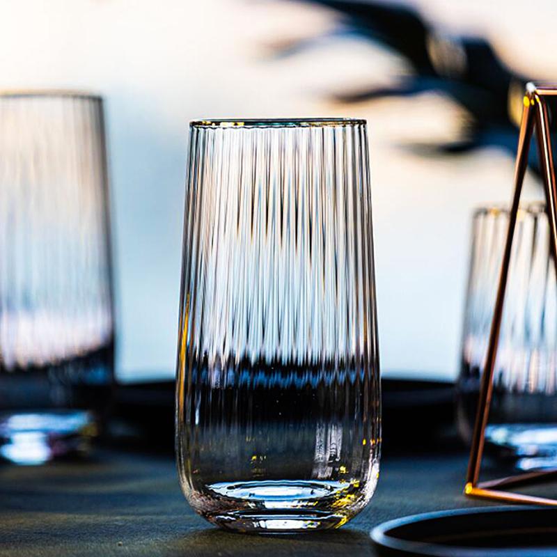 Cană de sticlă transparentă cu margine aurie Pahar de vin Sticlă mare cu dungi Suc de lapte Pahare de bere Pahare de apă Pahare de cocktail Sticlărie pentru petrecere acasă