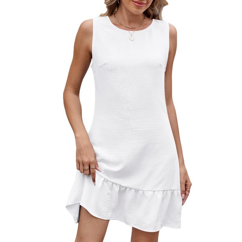 Women's Summer Solid Color Crew Neck Back Lace-up Sleeveless Vest Dress