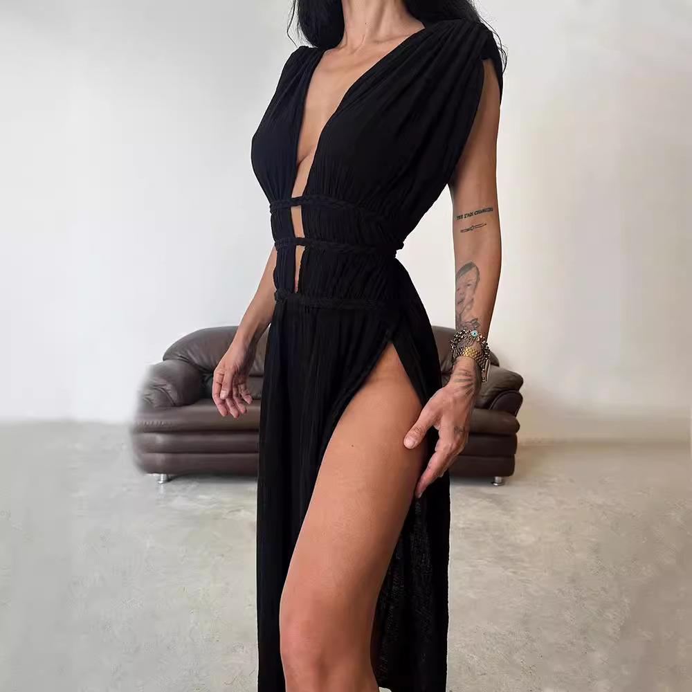 Bohemian Linen Blend Sleeveless Braid Belt Hollow Slit Dress