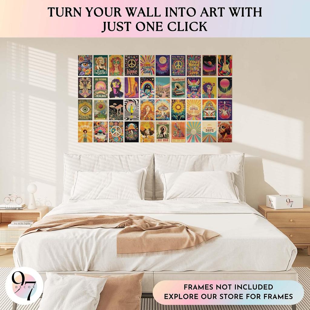 97 Decor Hippie Room Decor For Bedroom Aesthetic - 40 Pcs Boho Hippie Wall Art, 70s Decor For Home, Retro Wall Art Prints, Groovy Pictures Hippy