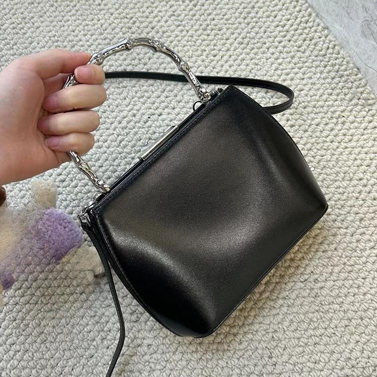 New Bamboo Bag Imported First-layer Cowhide Silver Handle Modern Frog Mouth Bag Premium Sense Portable Shoulder Dinner Bag