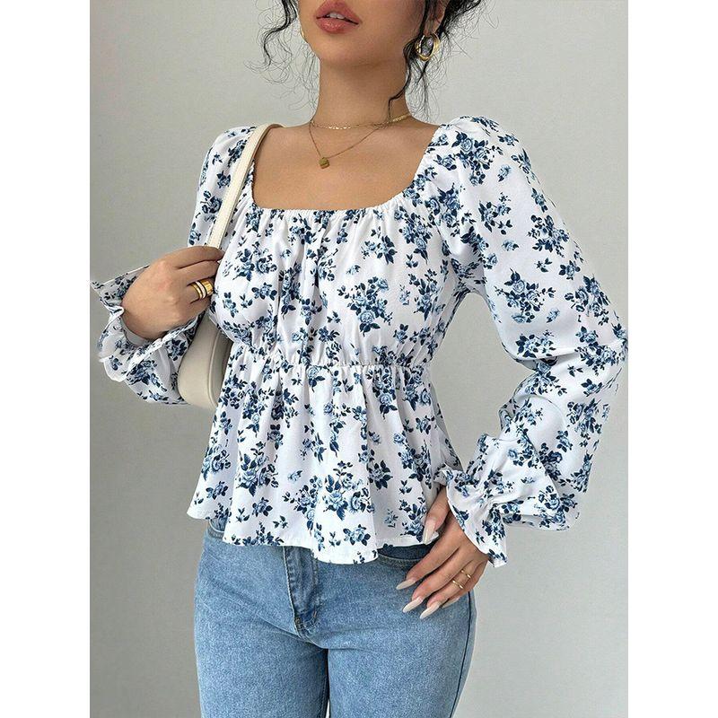 Square-Neck Puffed Sleep Top Fashion Square Collar Puff Sleeve Floral Long Sleeves Open Back