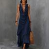 Maxi Abito da Donna Senza Maniche Scollo a V in Chiffon con Fondo Arricciato per Vacanza al Mare