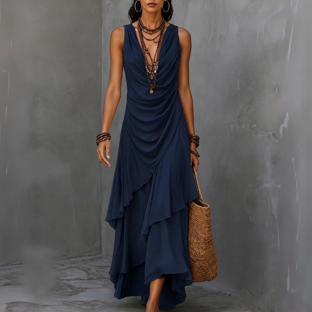 Maxi Abito da Donna Senza Maniche Scollo a V in Chiffon con Fondo Arricciato per Vacanza al Mare