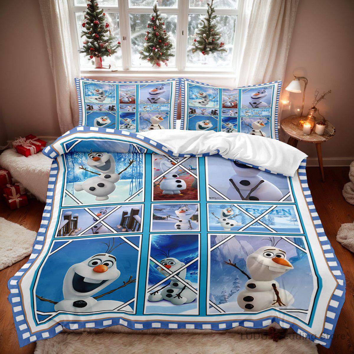 Cute Frozen Olaf Bedding Set Kawaii Snowman Duvet Cover with Pillowcases Cartoon Quilt Cover for Kids Boys Girls Bedroom 135x200cm