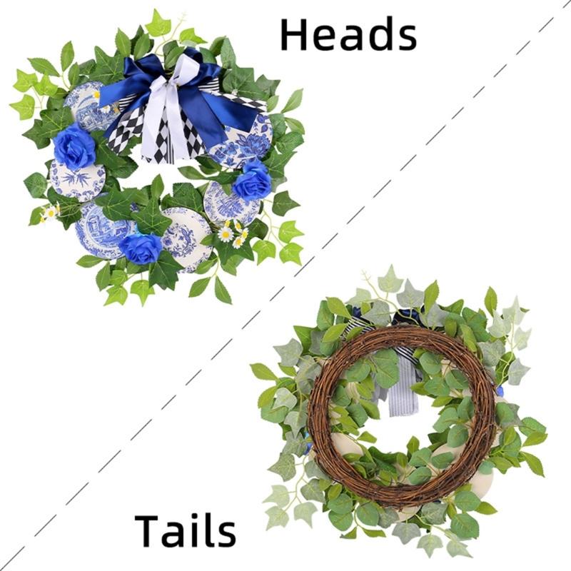 Wooden Plaques Blue and White Porcelain Pattern Wreath Outdoor Courtyard Party Decorations Garlands for Wall Door Window