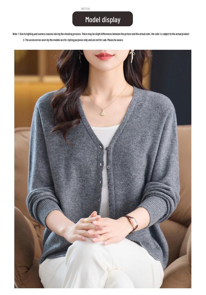 Women's V-Neck Pure Wool Cardigan Sweater - Solid Color, Long Sleeve, Trendy Casual Outerwear.