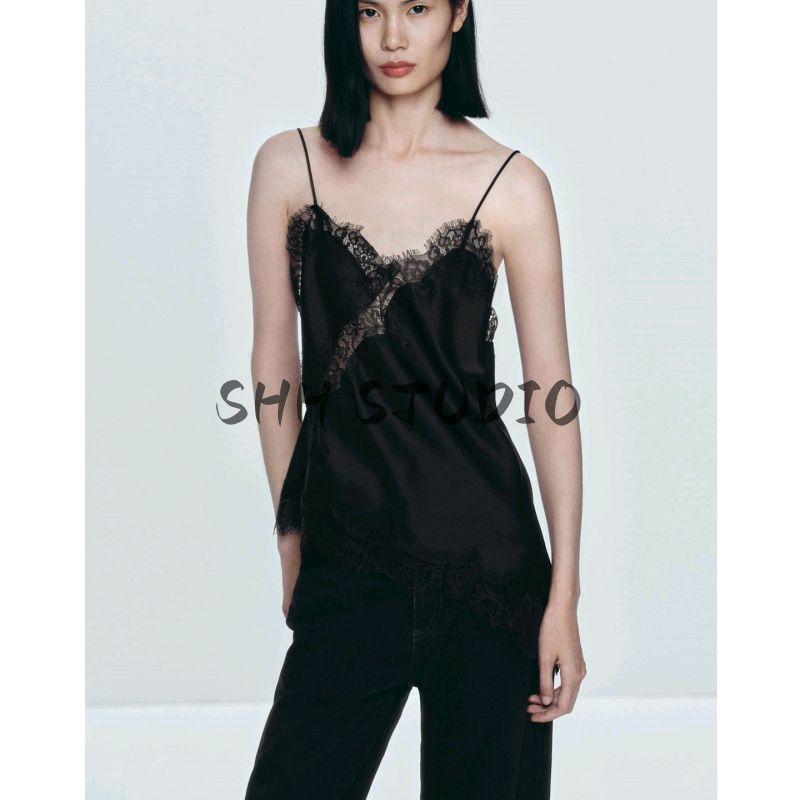 Summer New Women clothes Casual Style V-neck Asymmetric Hem Lace Decorative Underwear Style Top 5919105