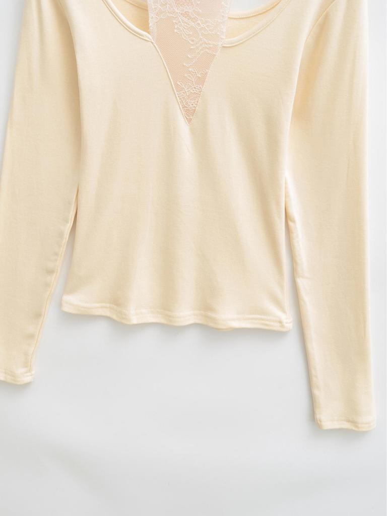 Chic Retro Lace Patchwork Long Sleeve Slim Fit Two-Piece Style Top for Women